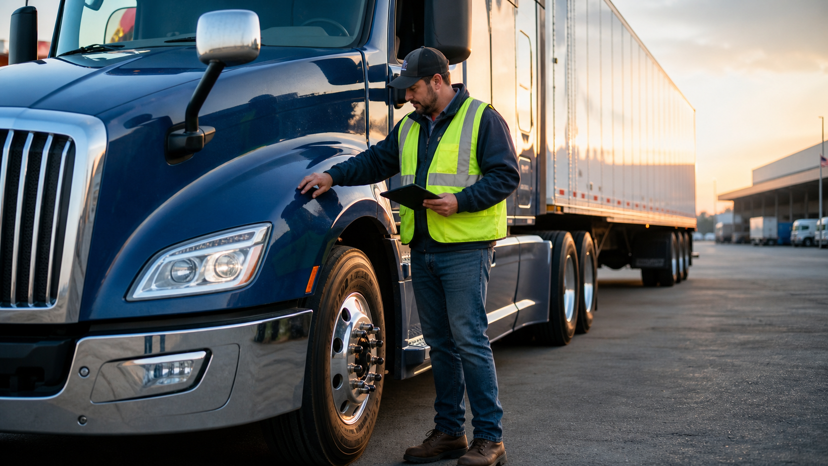 Professional commercial truck driver inspecting a semi truck